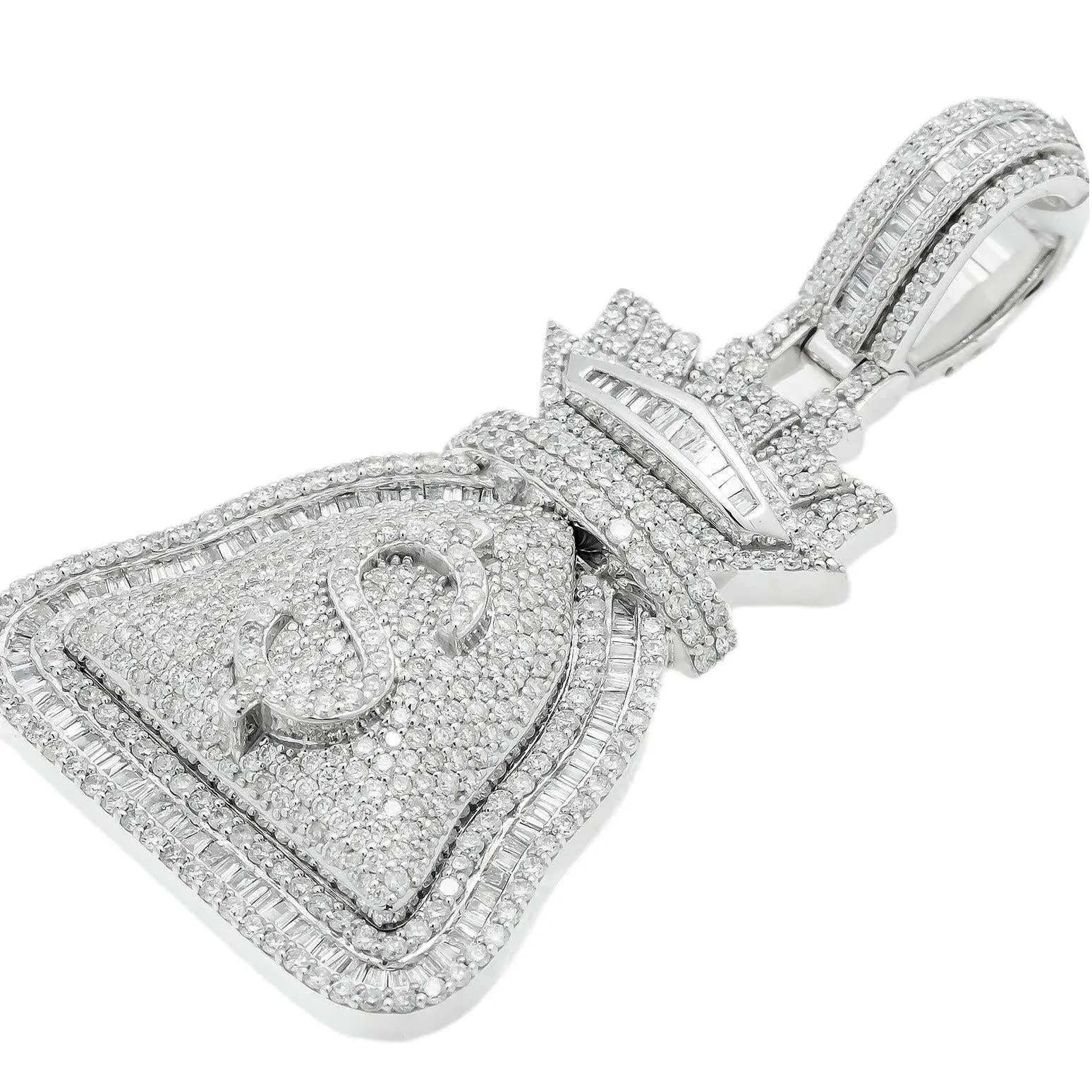 10K GOLD BAGUETTE DIAMOND MONEY BAG DOLLAR SIGN PENDANT 3.81 CT