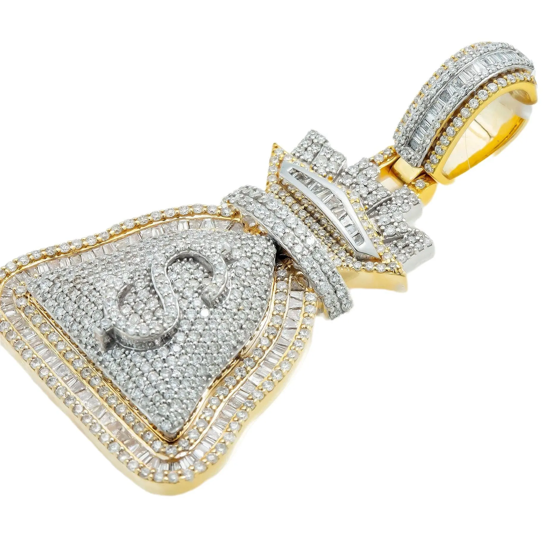 10K GOLD BAGUETTE DIAMOND MONEY BAG DOLLAR SIGN PENDANT 3.81 CT