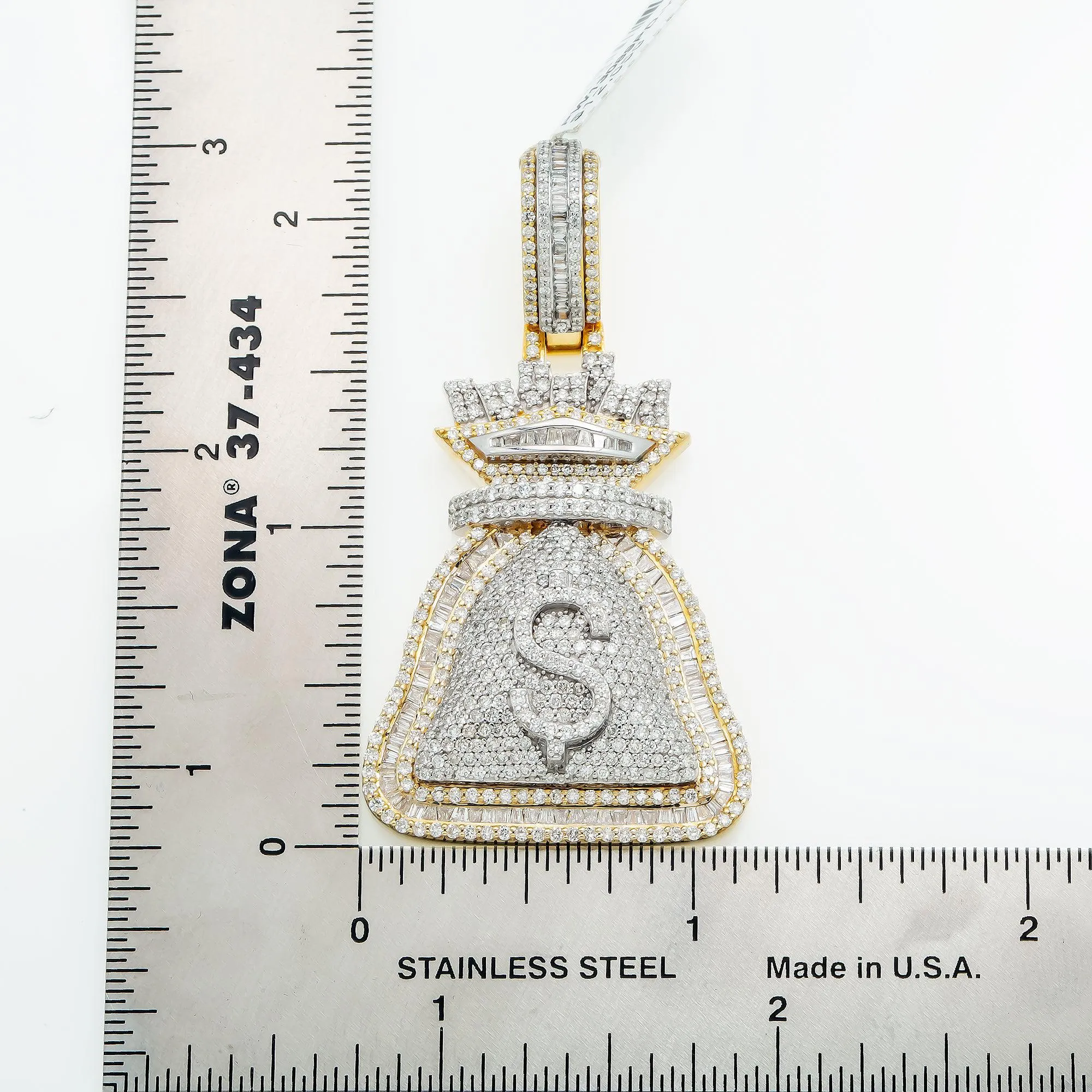 10K GOLD BAGUETTE DIAMOND MONEY BAG DOLLAR SIGN PENDANT 3.81 CT