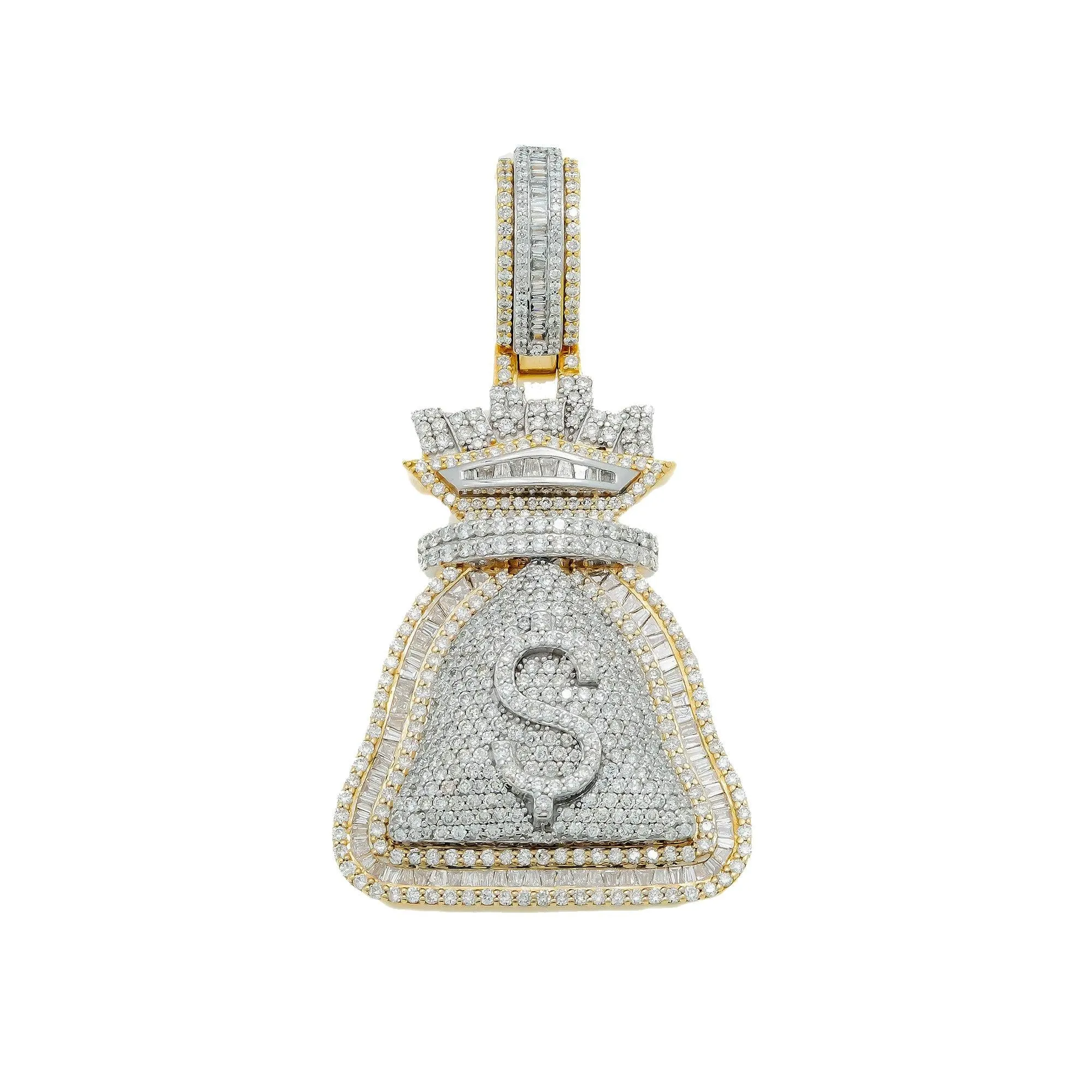 10K GOLD BAGUETTE DIAMOND MONEY BAG DOLLAR SIGN PENDANT 3.81 CT