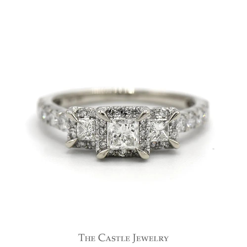 1cttw Three Stone Princess Cut Diamond Engagement Ring with Round Diamond Accents in 10k White Gold