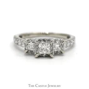 1cttw Three Stone Princess Cut Diamond Engagement Ring with Round Diamond Accents in 10k White Gold