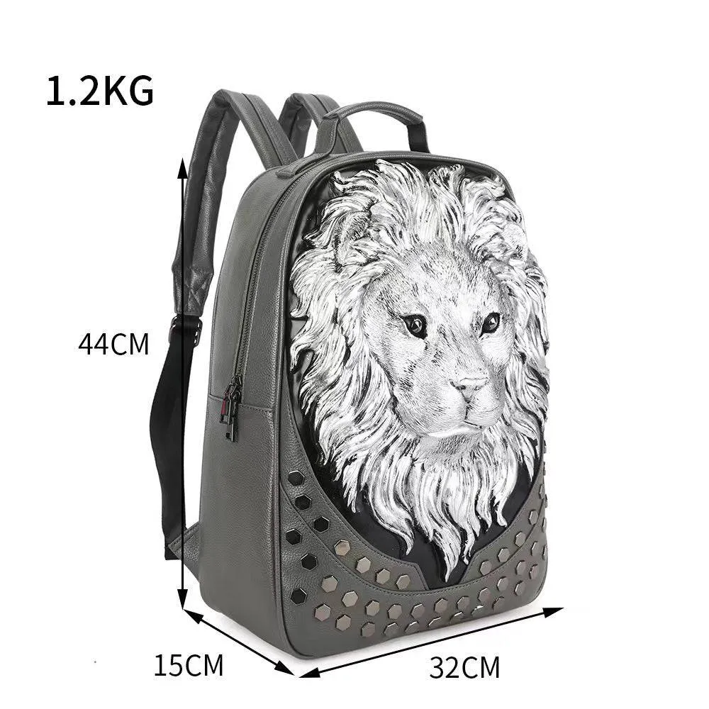 3D Backpack Soft PU Leather Lion Studde Flat Travel Punk Backpack Laptop Bag