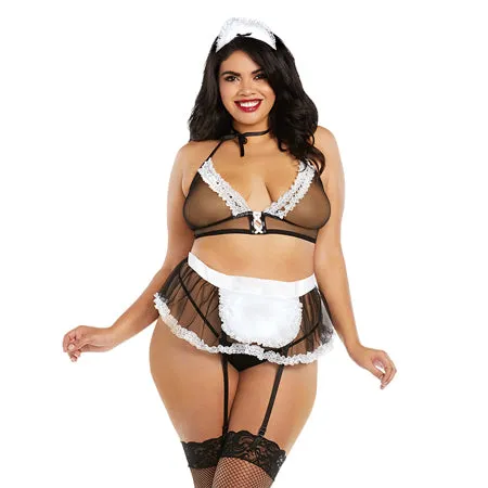 4 pc Maid Halter Bralette, Mini Skirt, Maid Cap & Neck Ribbon Black/White QN