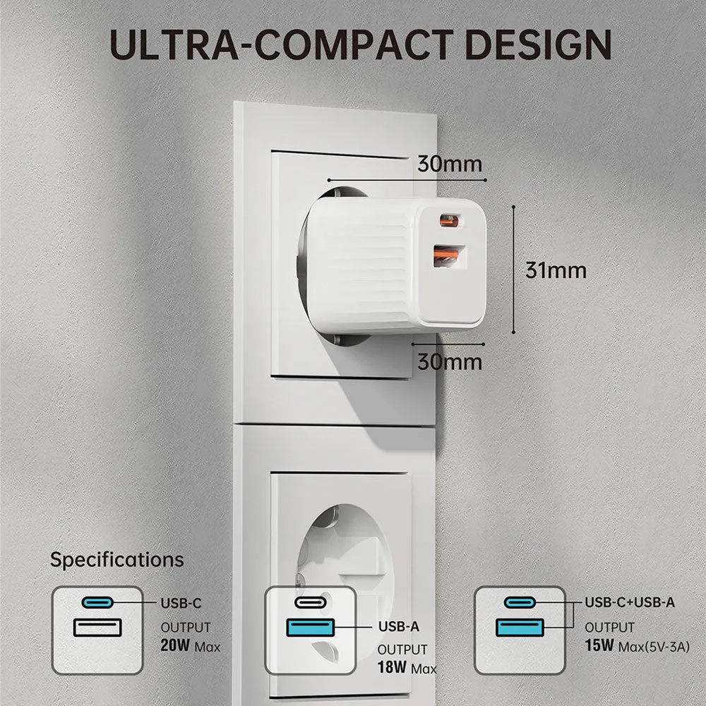 4Smarts VoltPlug Duos 20W PD Vægoplader - 1 x USB-A & 1 x USB-C - Hvid