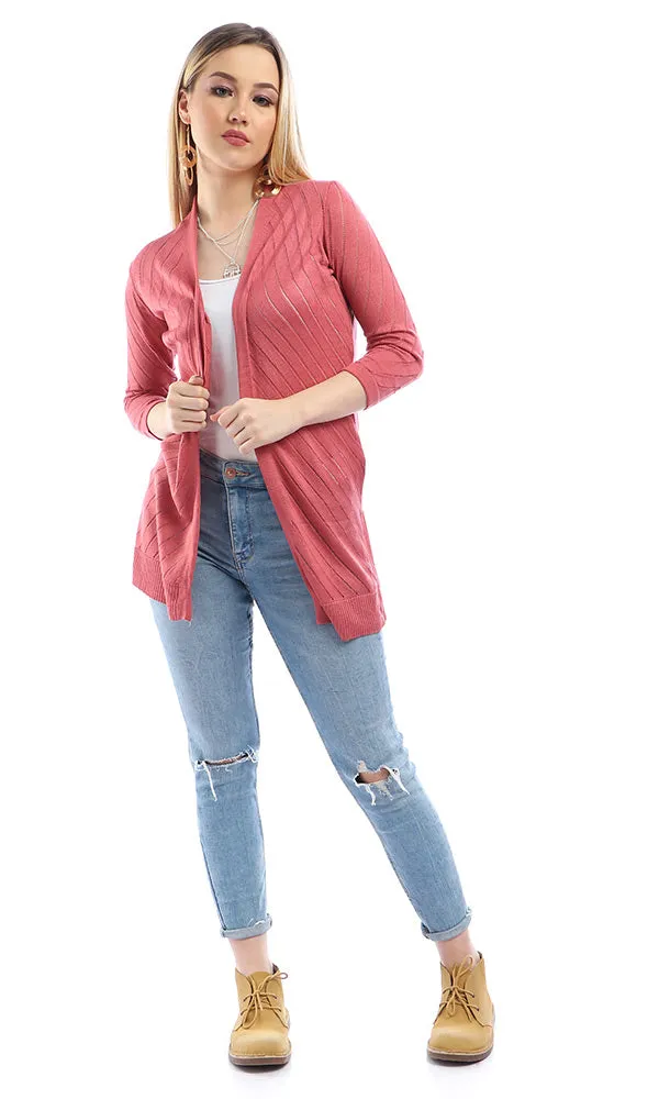 54052 Casual Long Sleeves Comfy Knitted Cerise Cardigan