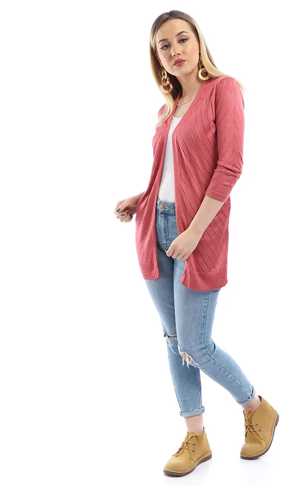 54052 Casual Long Sleeves Comfy Knitted Cerise Cardigan