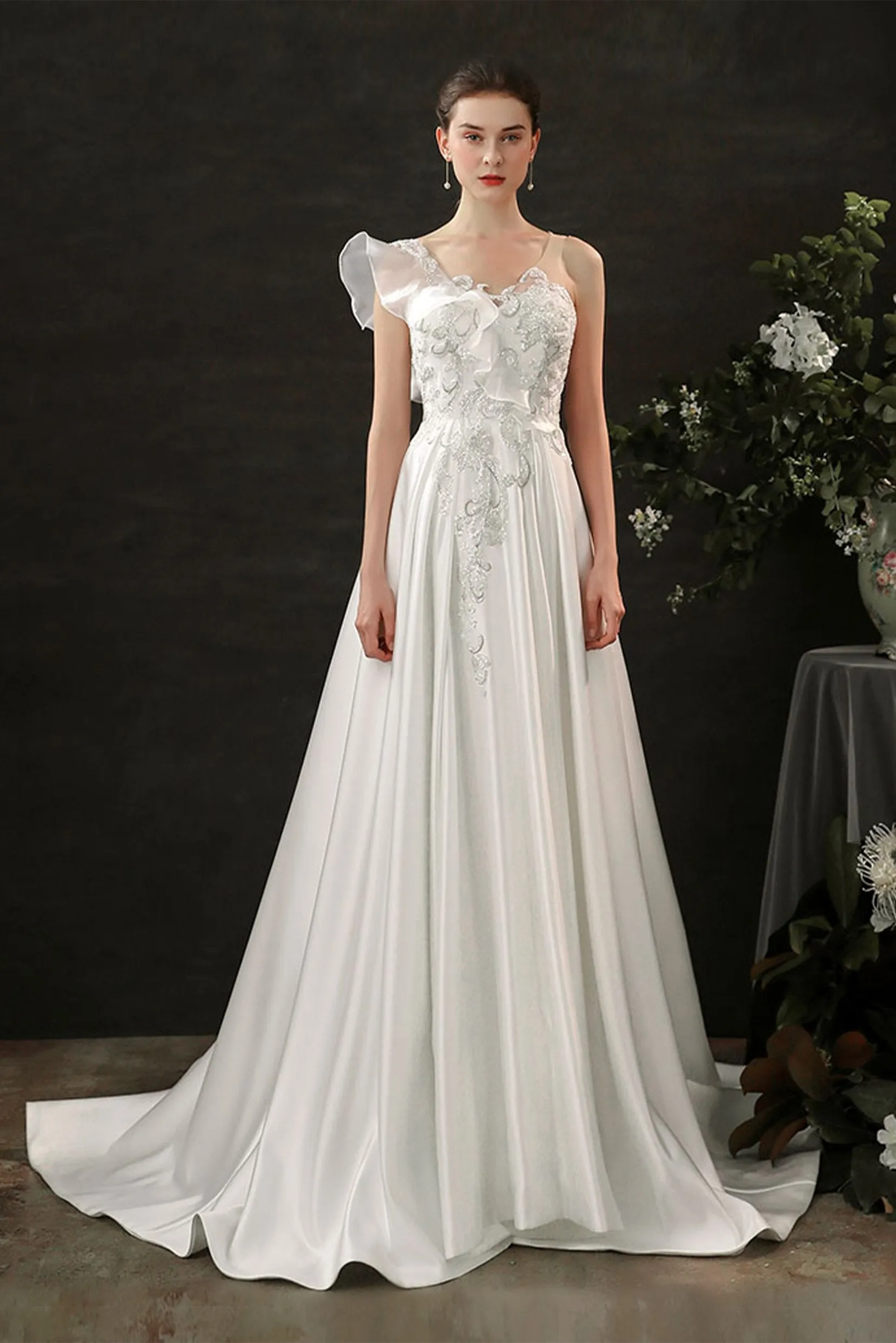 A-Line Court Train Satin Wedding Dress CW2683