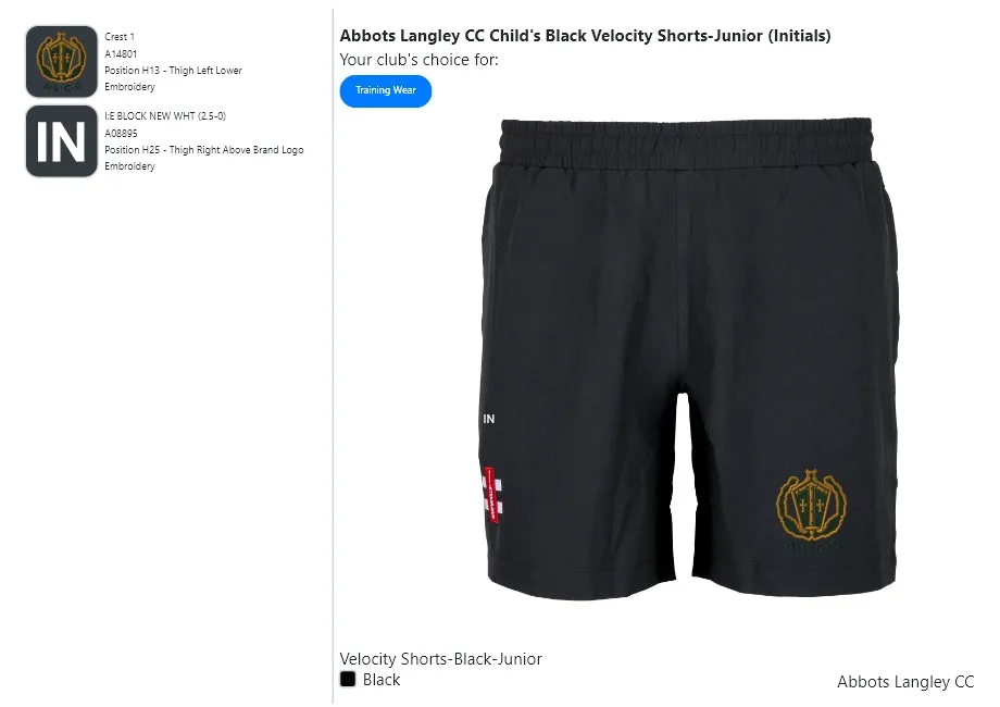 Abbots Langley CC  Child's Black Velocity Shorts-Junior (Initials)