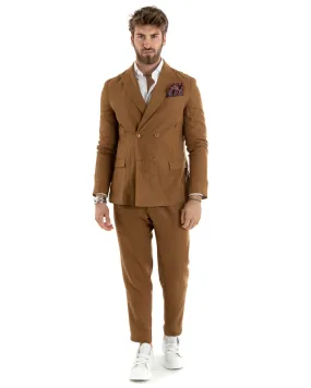 Abito Uomo Doppiopetto Completo Lino Sartoriale Giacca Pantaloni Tinta Unita Camel GIOSAL-OU2334A