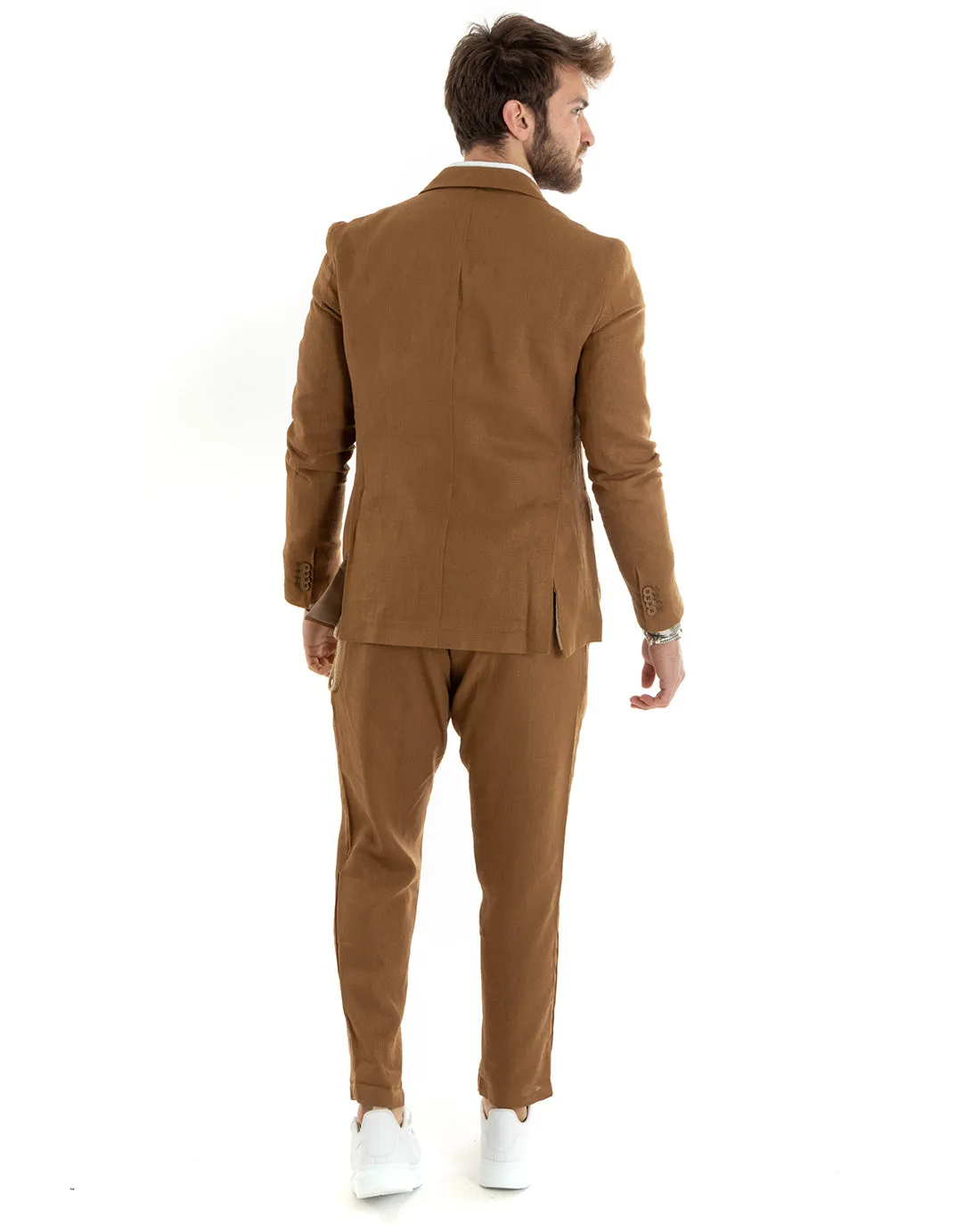 Abito Uomo Doppiopetto Completo Lino Sartoriale Giacca Pantaloni Tinta Unita Camel GIOSAL-OU2334A