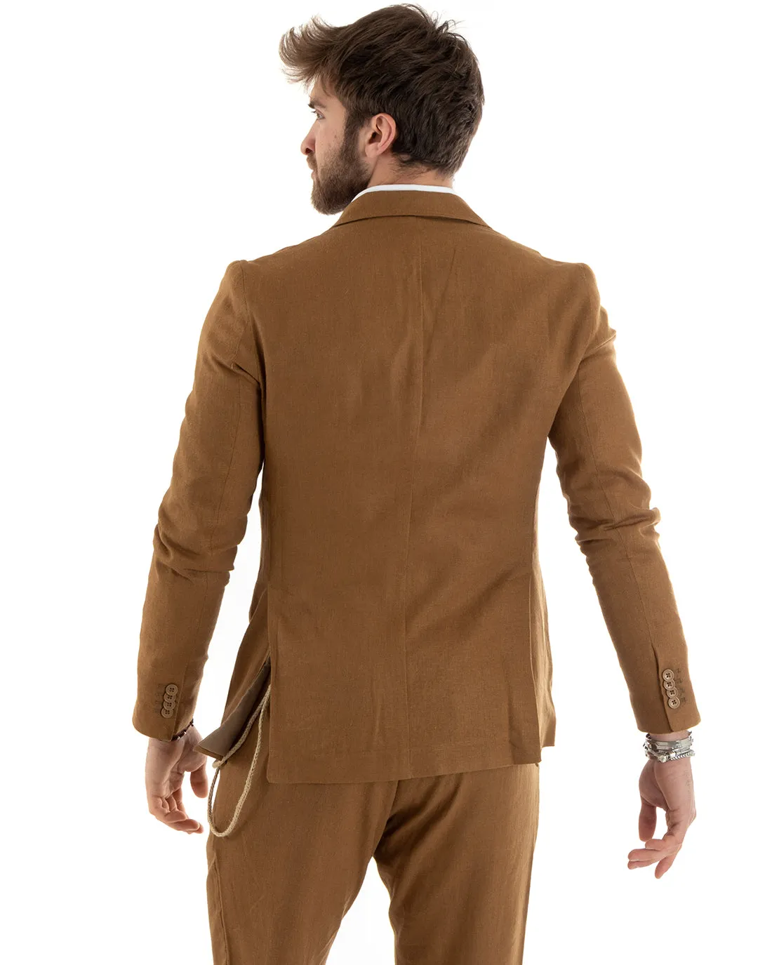 Abito Uomo Doppiopetto Completo Lino Sartoriale Giacca Pantaloni Tinta Unita Camel GIOSAL-OU2334A