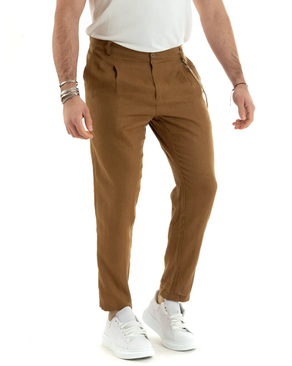 Abito Uomo Doppiopetto Completo Lino Sartoriale Giacca Pantaloni Tinta Unita Camel GIOSAL-OU2334A