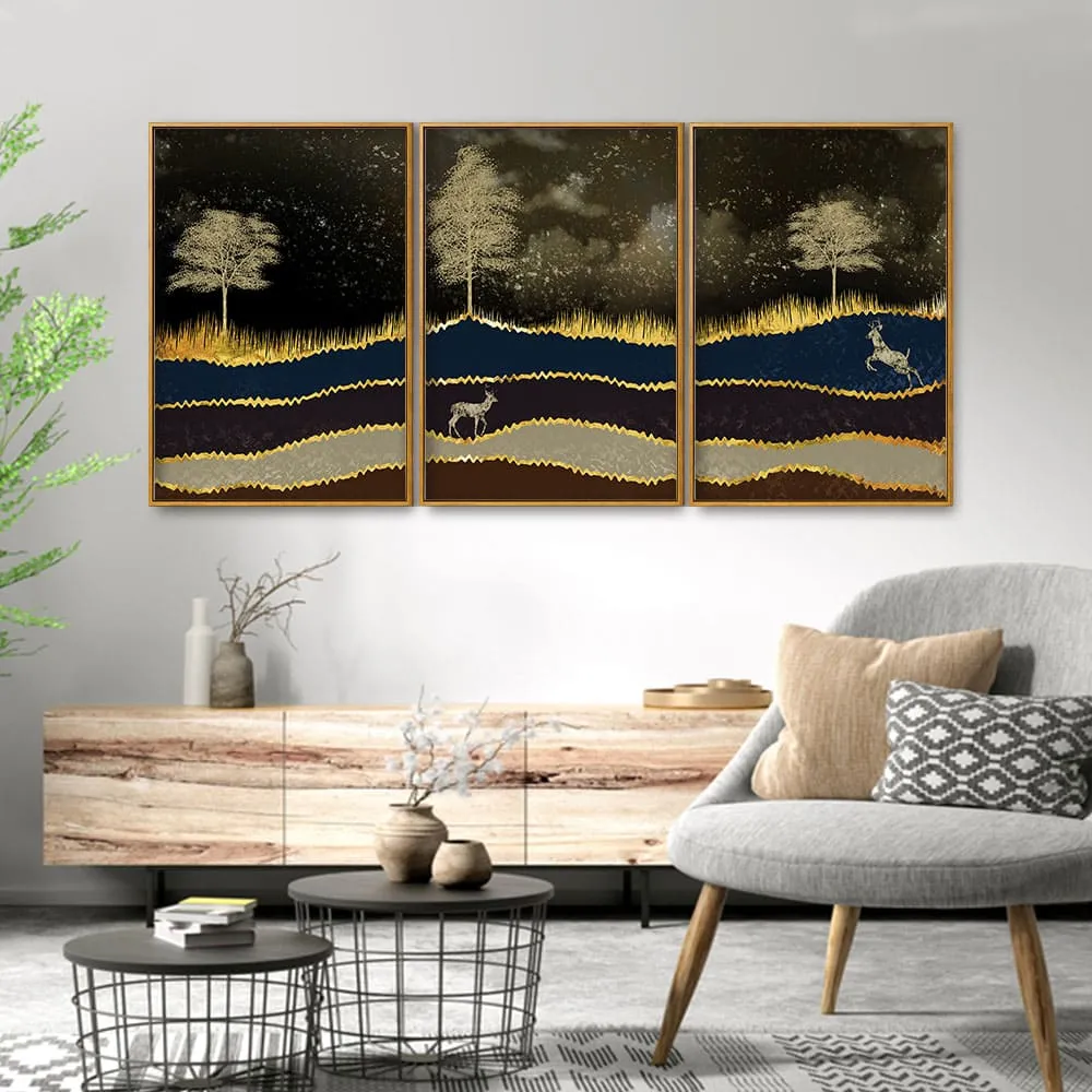 Abstract Midnight Golden Scenery with Deer Floating Canvas Wall Painting Set of Three