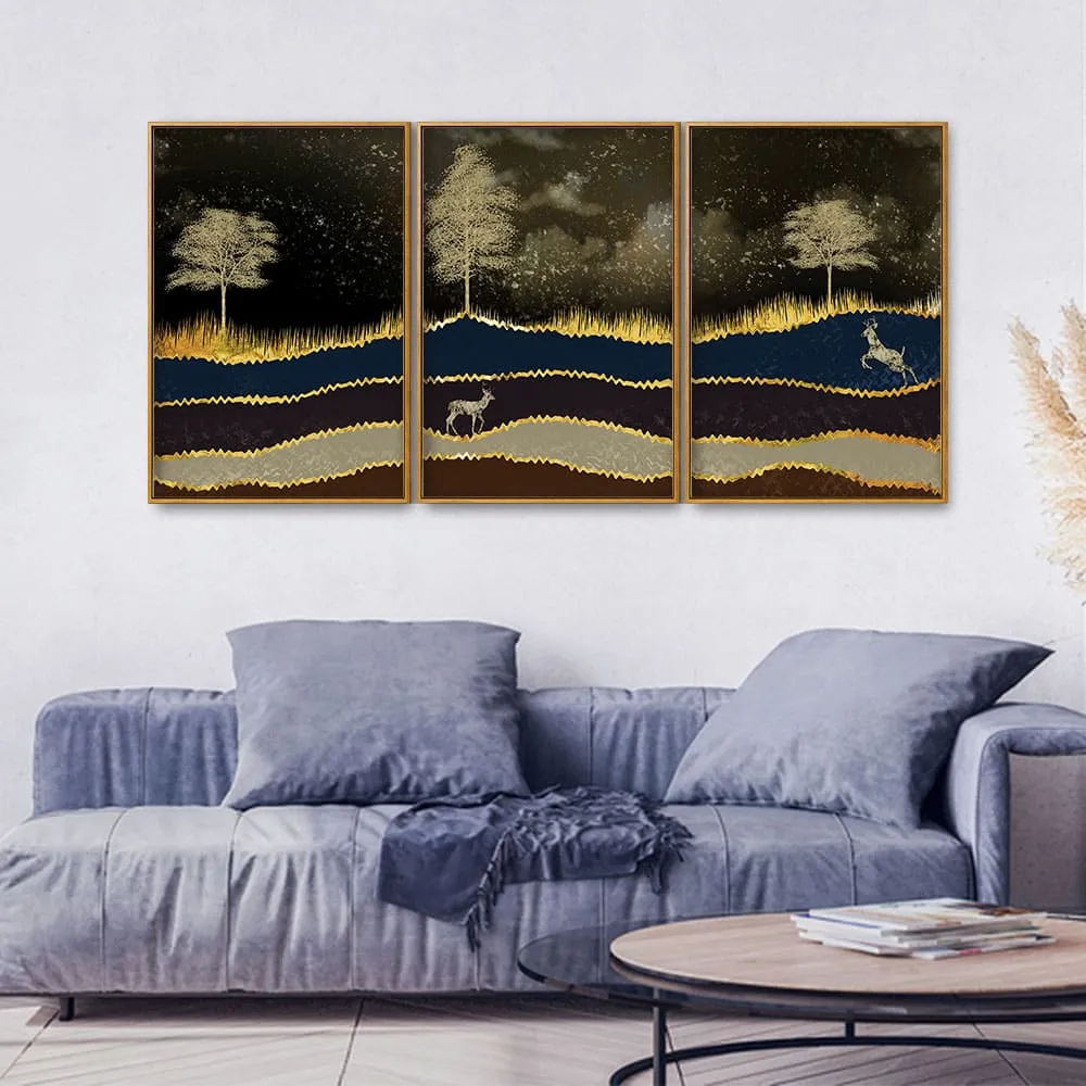 Abstract Midnight Golden Scenery with Deer Floating Canvas Wall Painting Set of Three