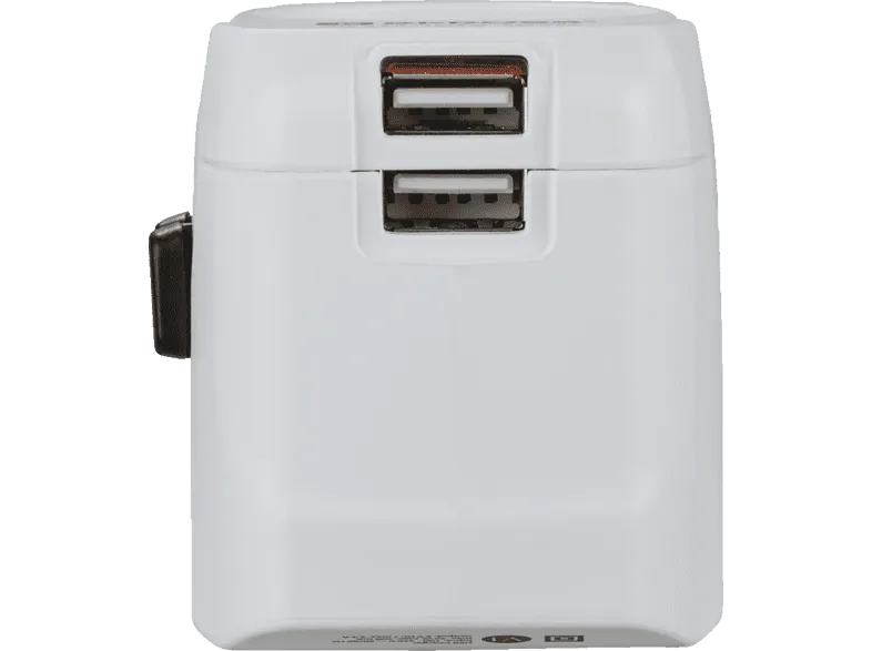 Adaptador enchufe - World to Europe Hama, 2 entradas USB, 250 V, Compatible con hasta 200 países, Blanco