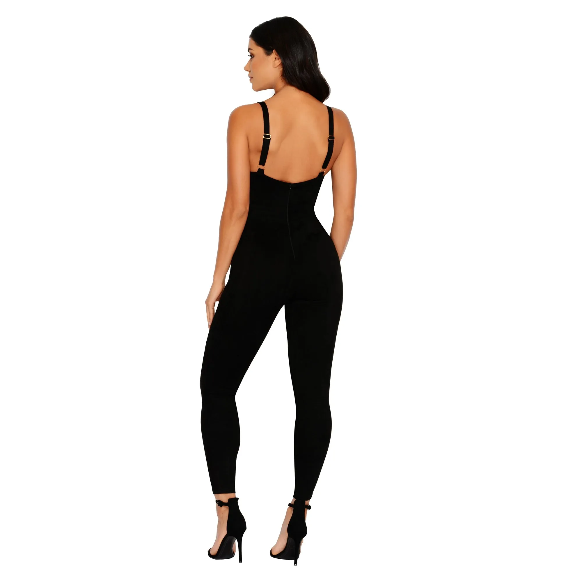 All In One Suede Plunge Ankle Length Jumpsuit in Black