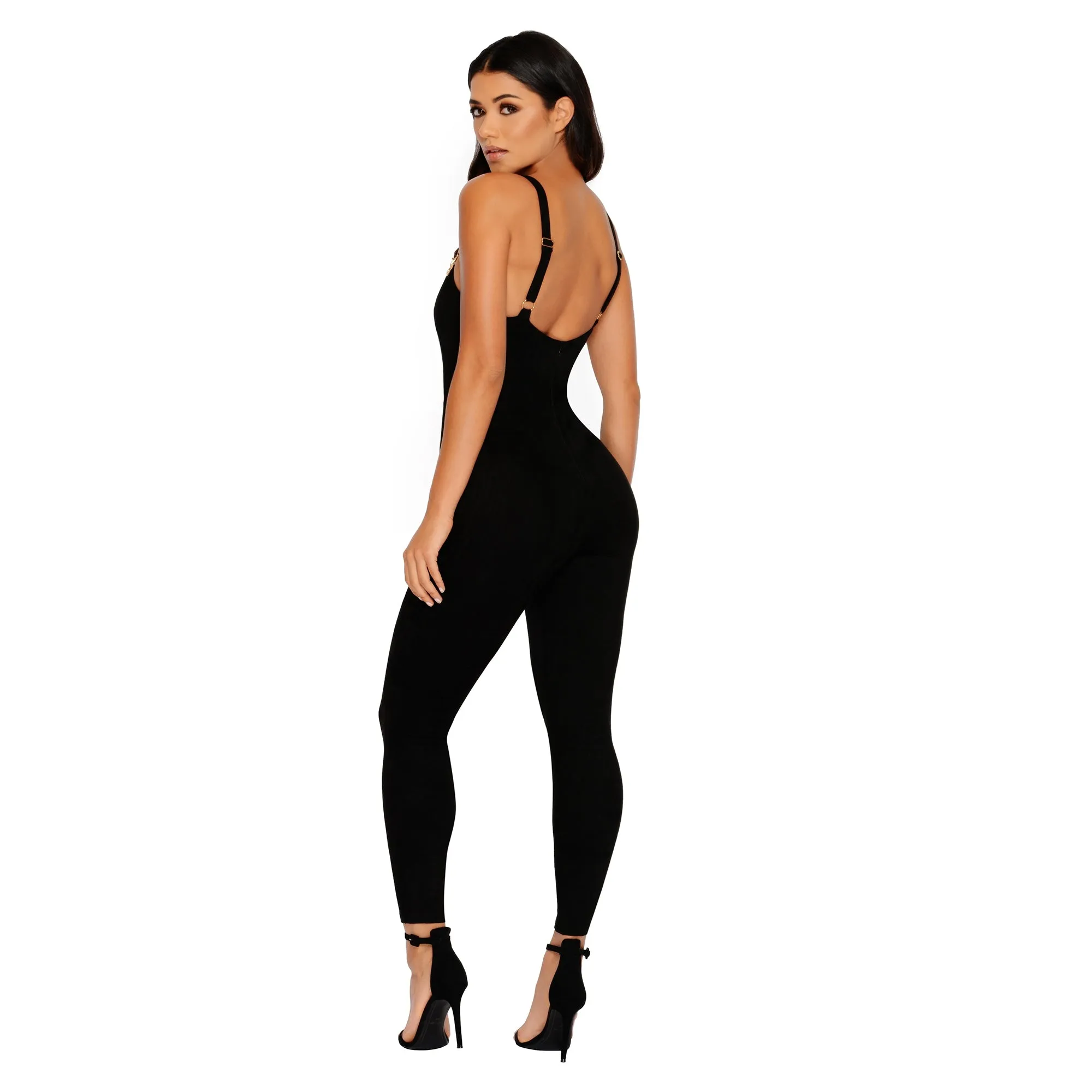 All In One Suede Plunge Ankle Length Jumpsuit in Black