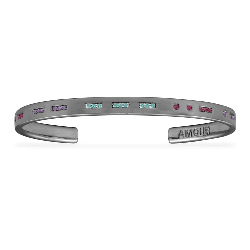 AMOUR Morse Code Open Cuff with Colorful Stones - Dark Grey Silver