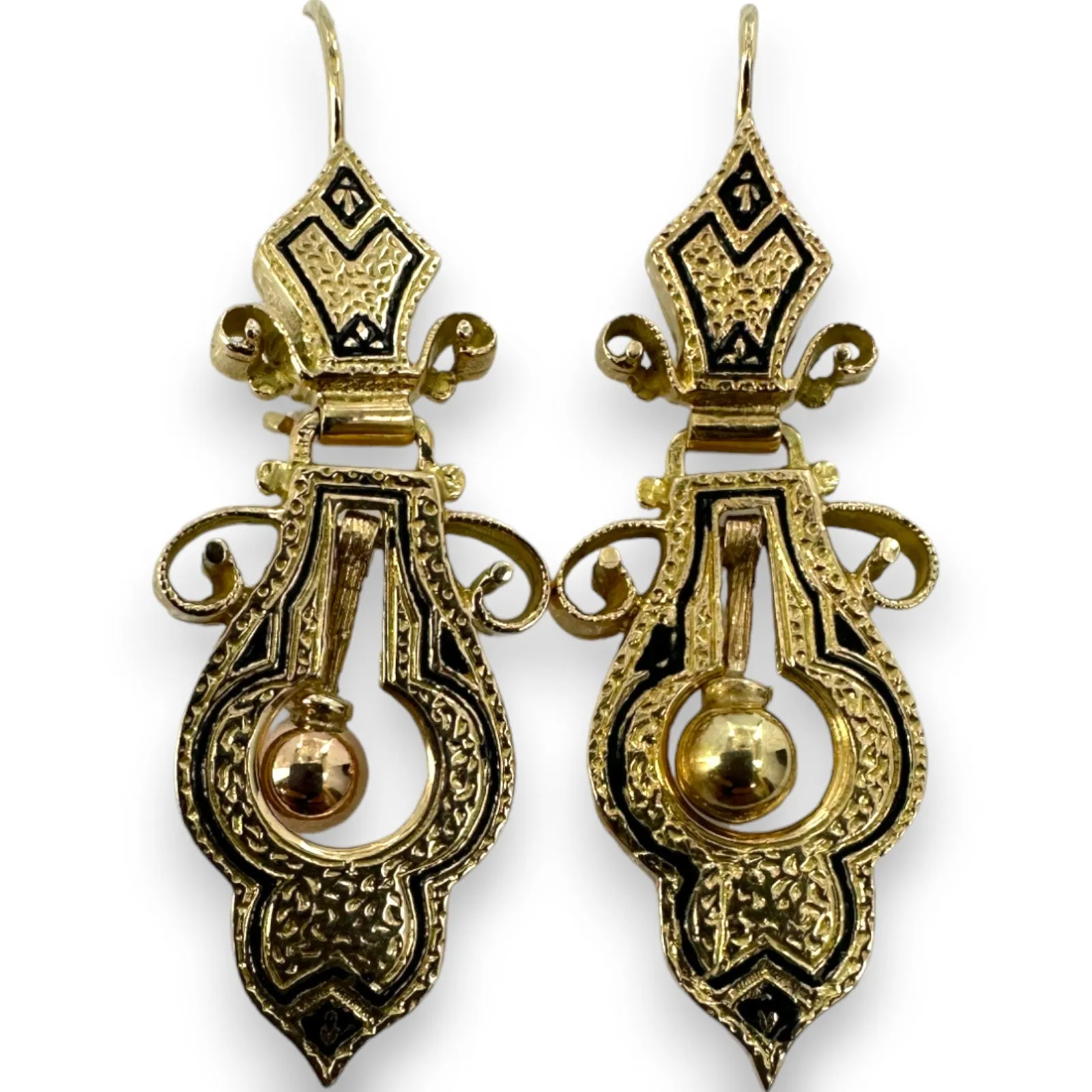 Antique Victorian Era 1860s-1880s Taille D'Epargne Black Enamel Handmade Hand Engraved Hook Dangle Earrings 14k Solid Yellow Gold