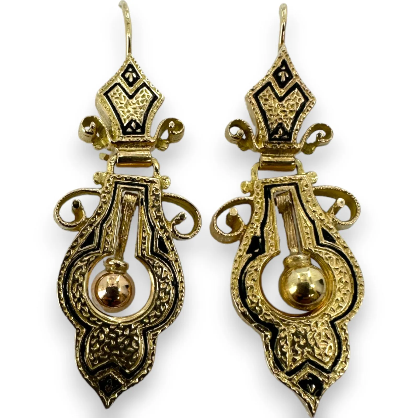 Antique Victorian Era 1860s-1880s Taille D'Epargne Black Enamel Handmade Hand Engraved Hook Dangle Earrings 14k Solid Yellow Gold