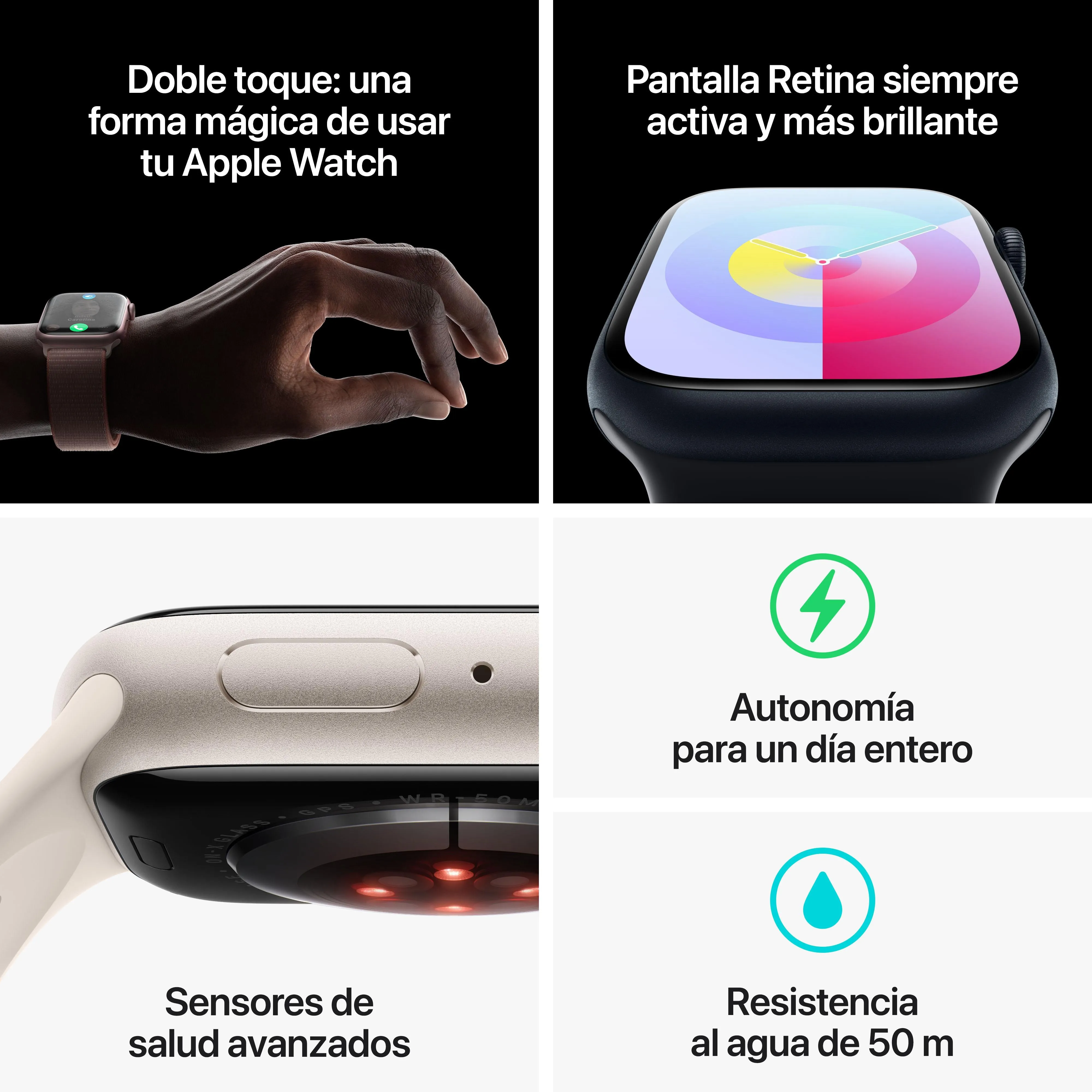 Apple Watch Series 9 (GPS) - Caja de aluminio en blanco estrella de 45 mm - Correa deportiva blanco estrella - Talla S/M