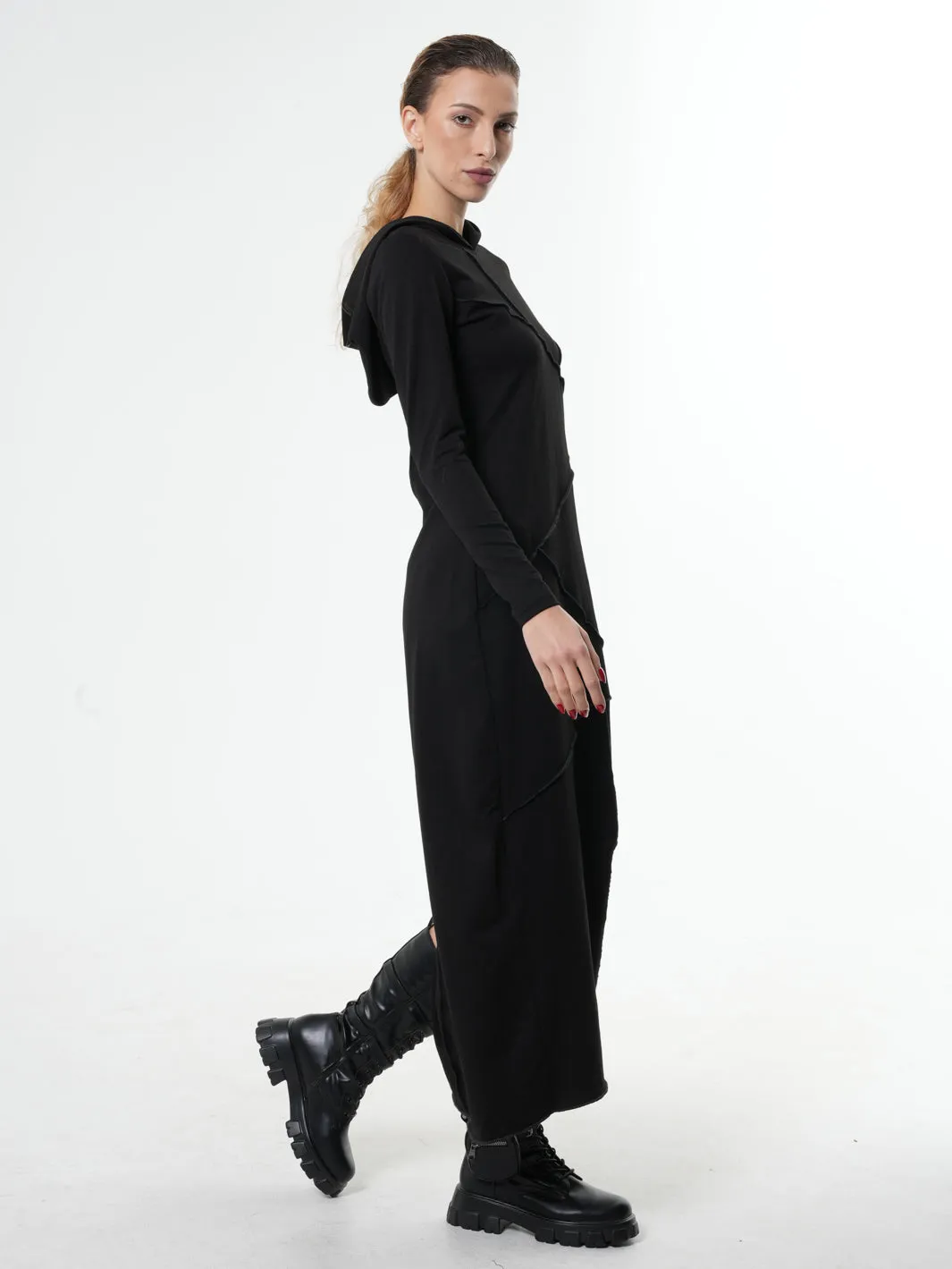 Asymmetric Hooded Black Dress