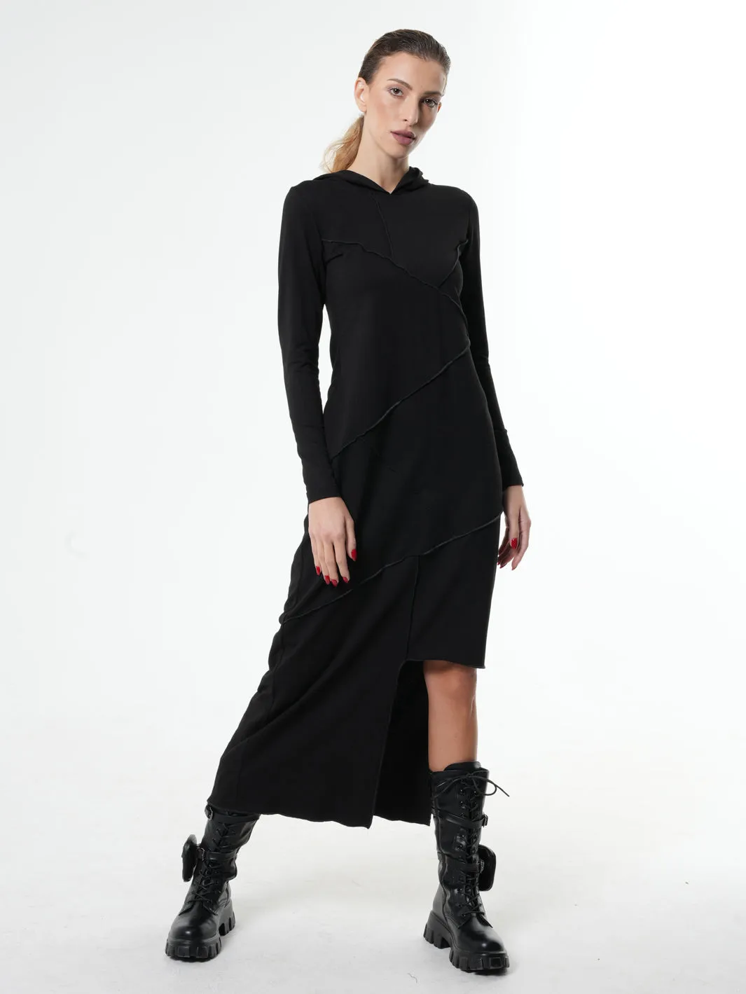 Asymmetric Hooded Black Dress