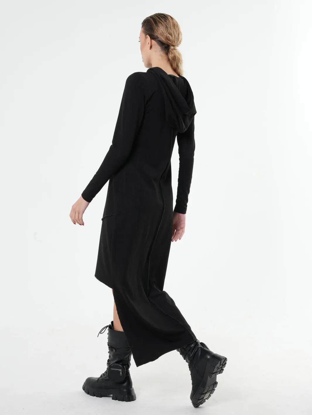 Asymmetric Hooded Black Dress