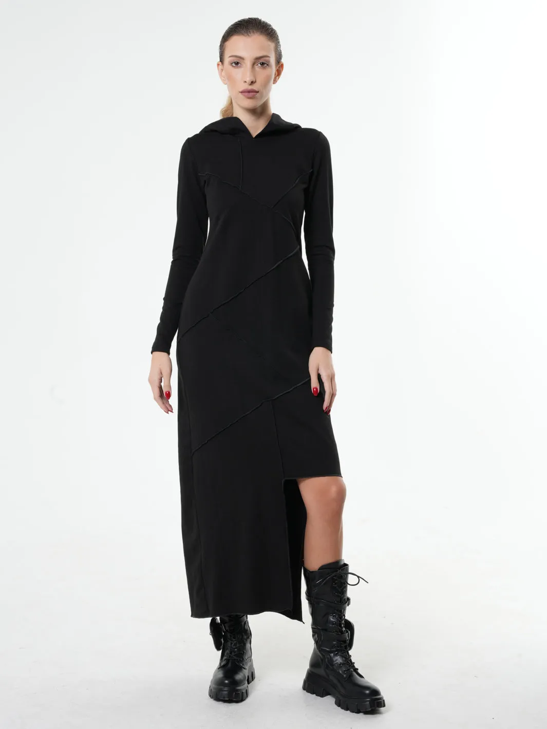 Asymmetric Hooded Black Dress