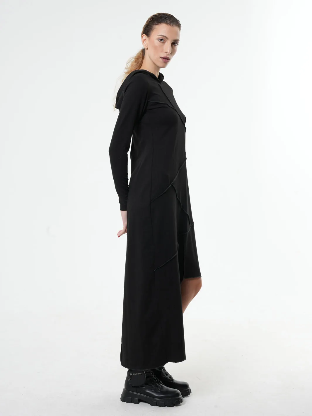 Asymmetric Hooded Black Dress