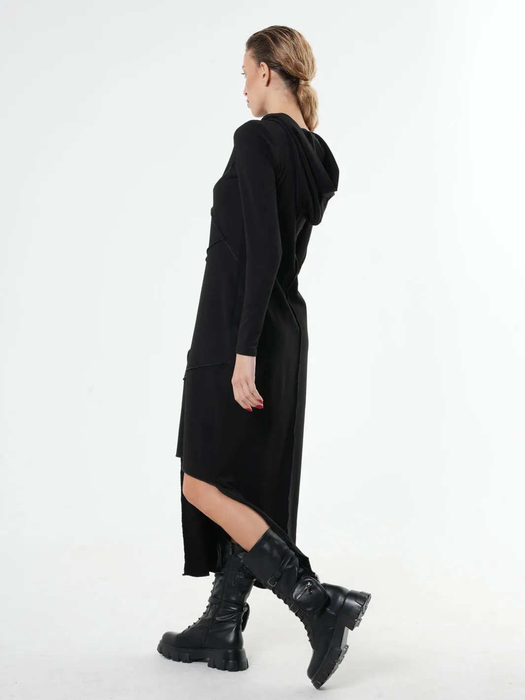 Asymmetric Hooded Black Dress