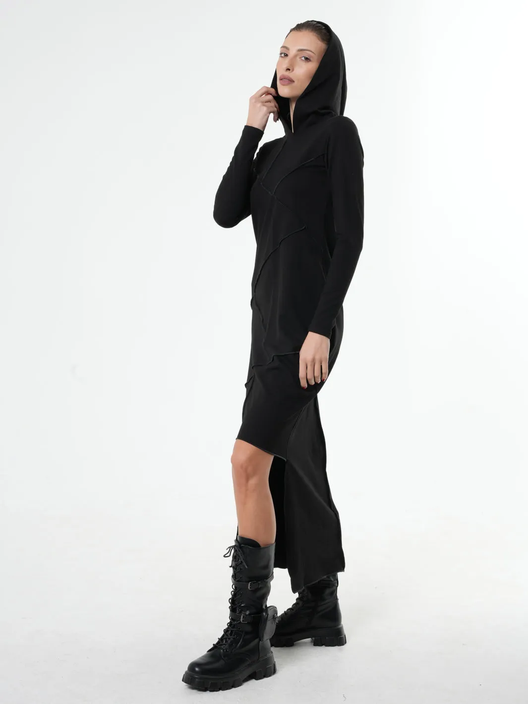 Asymmetric Hooded Black Dress