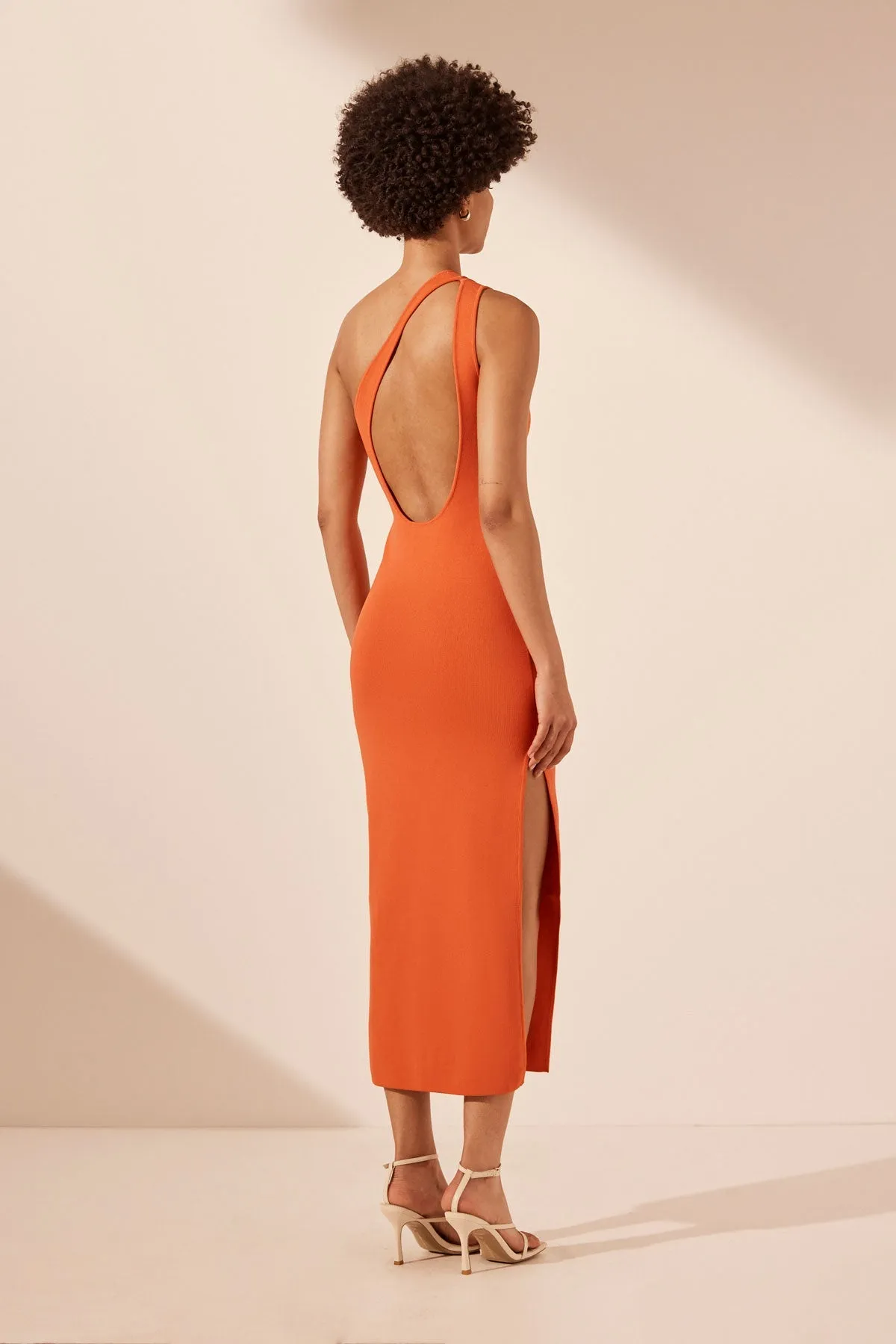 BASIC ONE SHOULDER OPEN BACK MIDI DRESS - TANGERINE