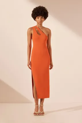 BASIC ONE SHOULDER OPEN BACK MIDI DRESS - TANGERINE