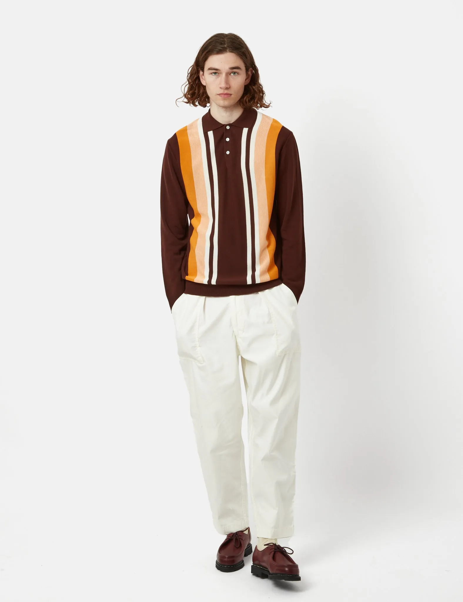 Beams Plus Knit Polo 12G (Stripe) - Brown