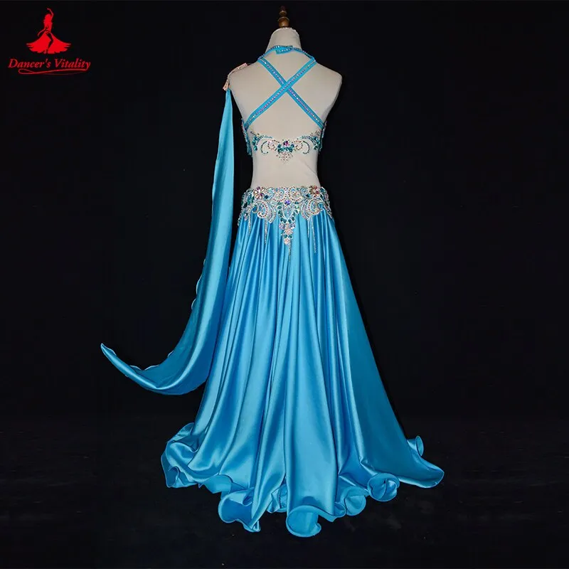 Belly Danceer Competition Costumes Suit Senior AB Stones Tassel Bra split Long Skirt 2pcs for Women Customsized Belly Dance Wear