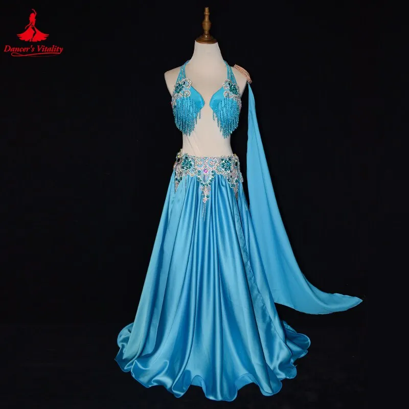 Belly Danceer Competition Costumes Suit Senior AB Stones Tassel Bra split Long Skirt 2pcs for Women Customsized Belly Dance Wear