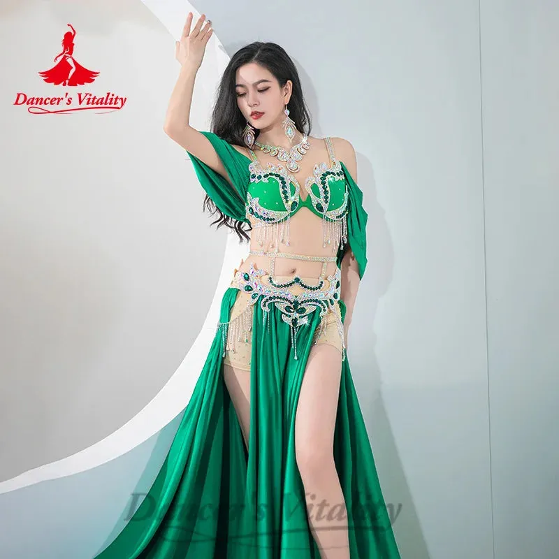 BellyDance Costumes Suit Women's Customized Diamond Tassels Bra Satin Split Long Skirt 2pcs Oriental Dance Performance Costumes