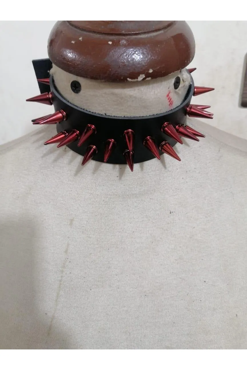 Black Faux Leather & Red Metallic Spike Choker