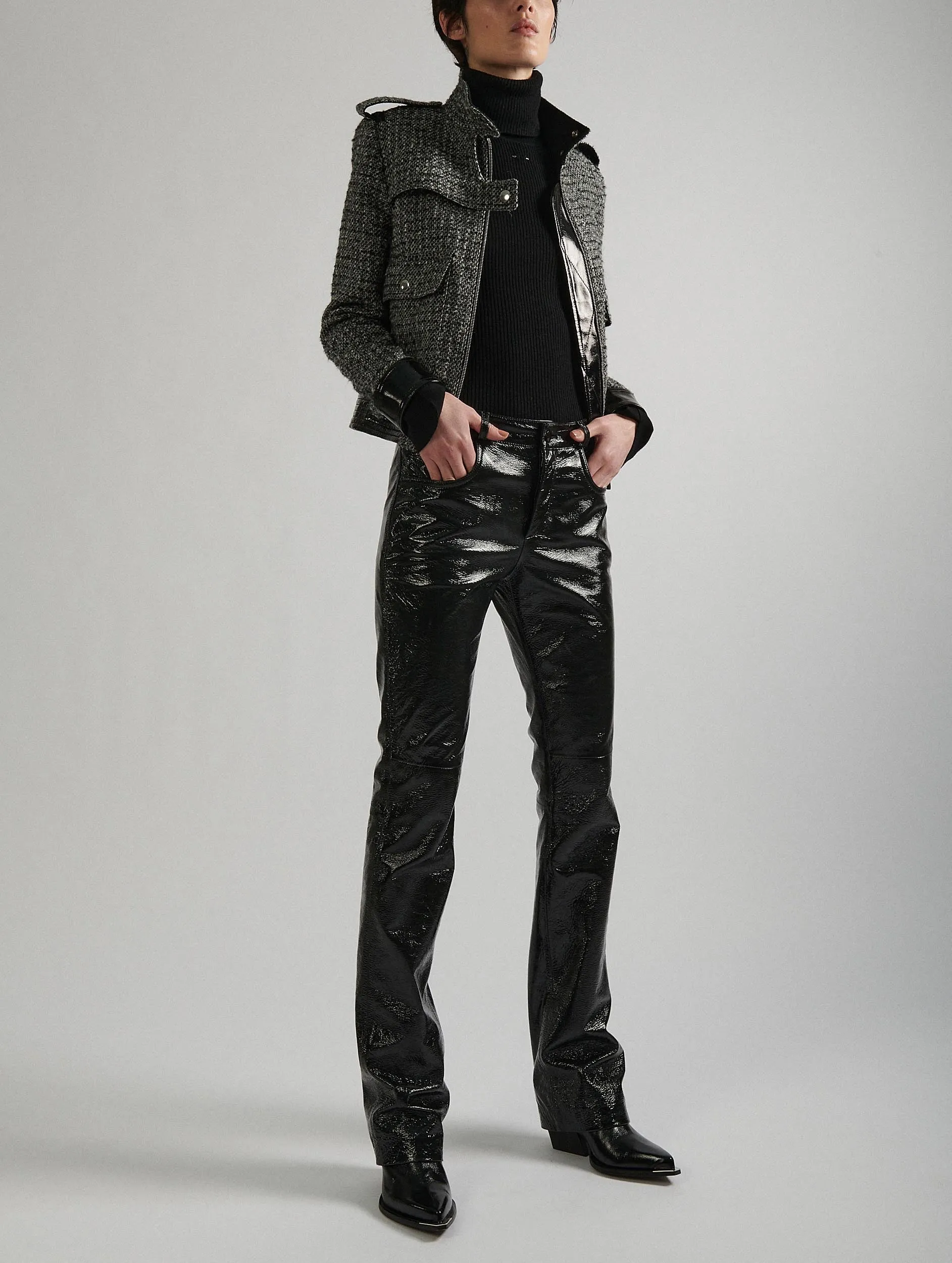 Black patent leather straight-leg trousers