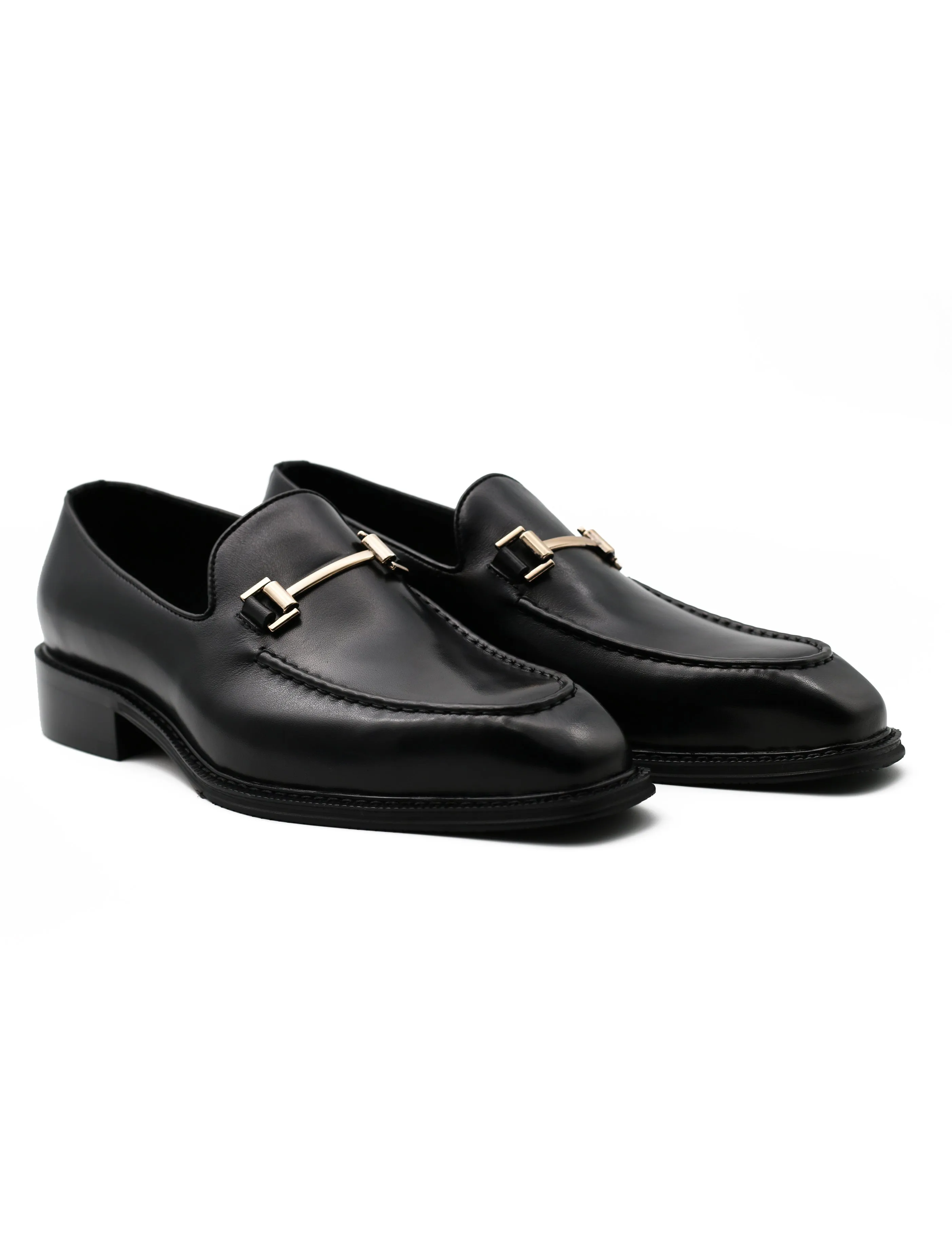 BLACK POLISHED LEATHER SNAFFLE BIT DRESS LOAFERS