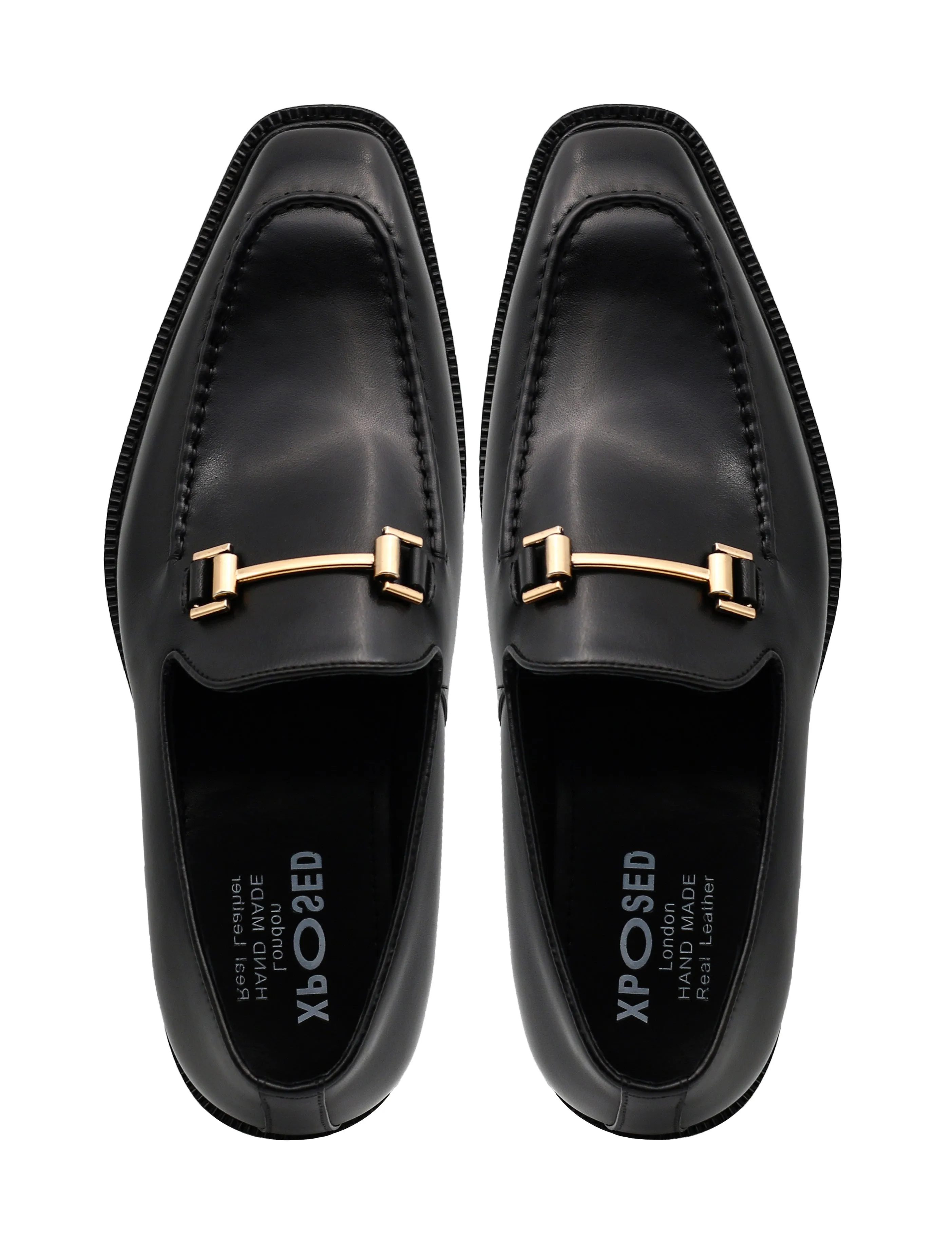 BLACK POLISHED LEATHER SNAFFLE BIT DRESS LOAFERS