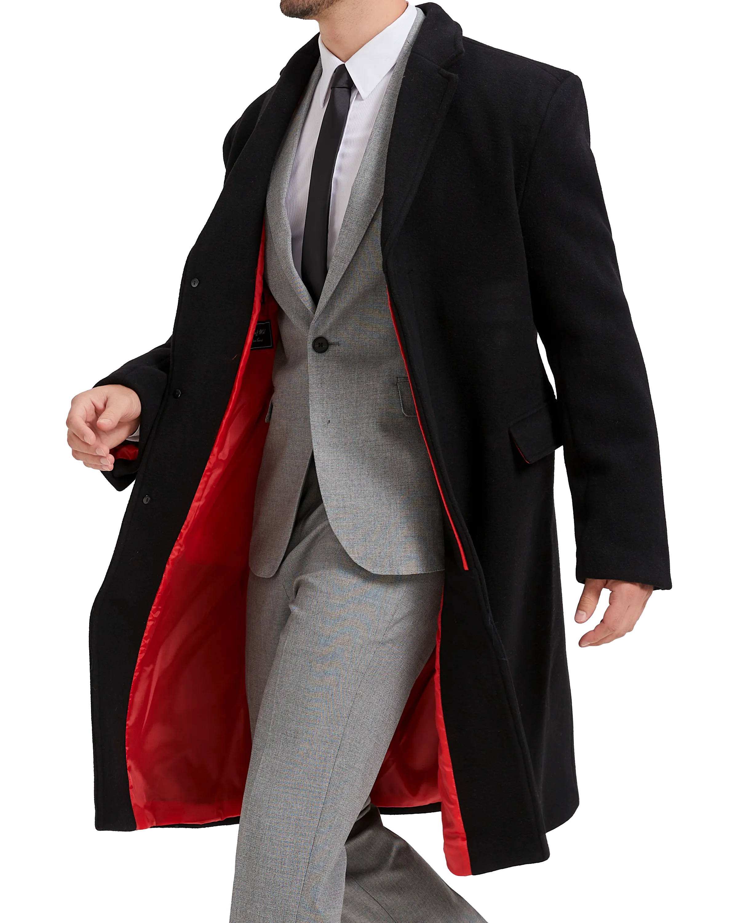 Black Wool Cashmere Bond Overcoat Red Lining