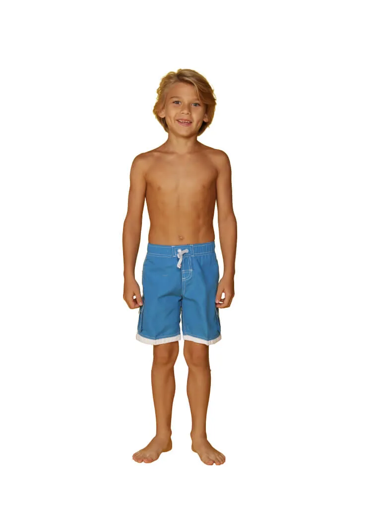 Boys' cargo shorts the longer swim trunks in solid colors and white detail