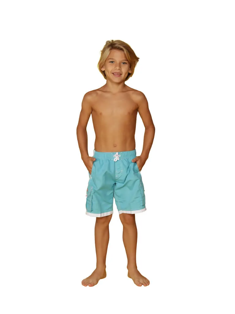 Boys' cargo shorts the longer swim trunks in solid colors and white detail