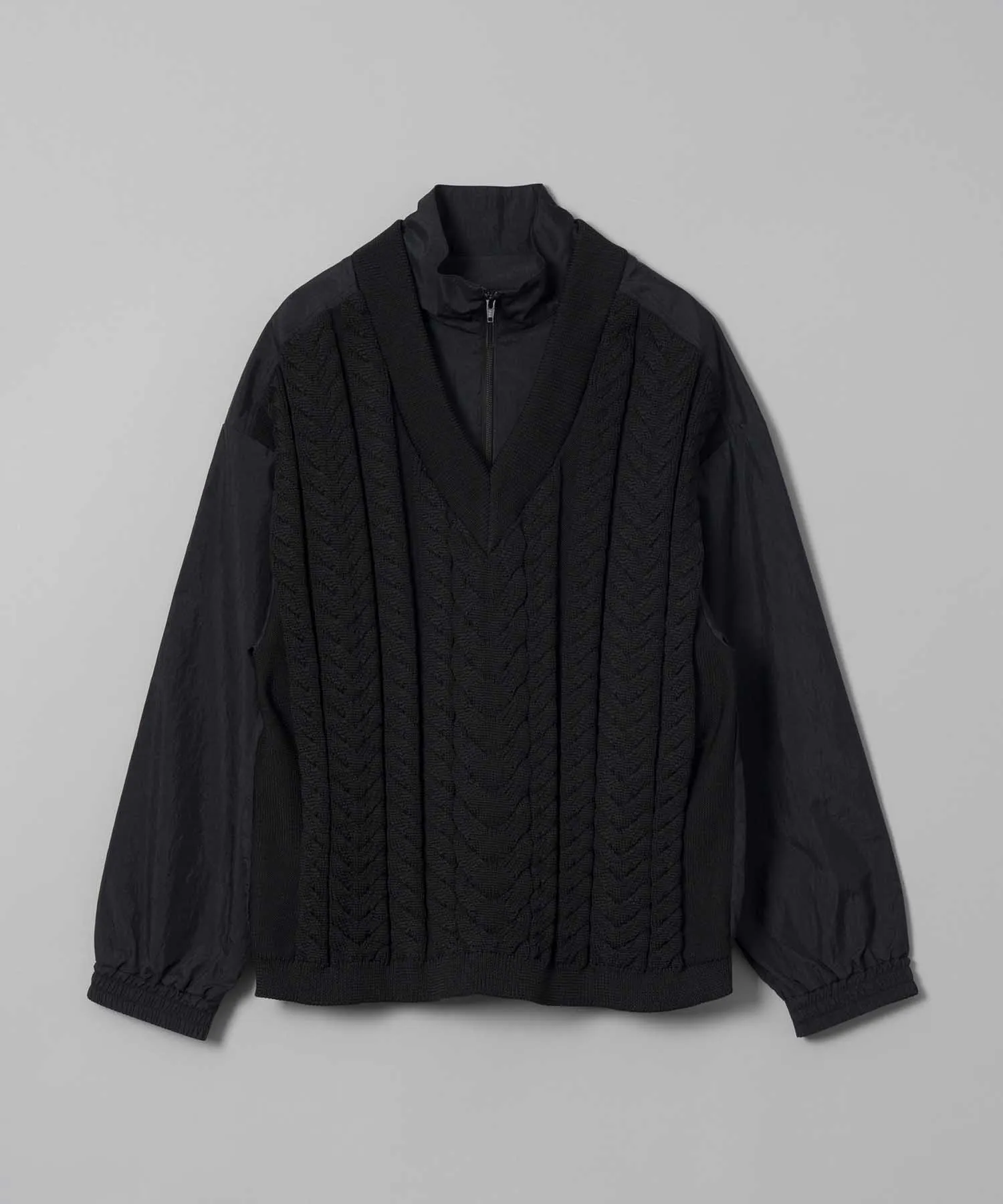 Cable Knit Combination Prime-Over Woven Shirt Half-Zip Pullover