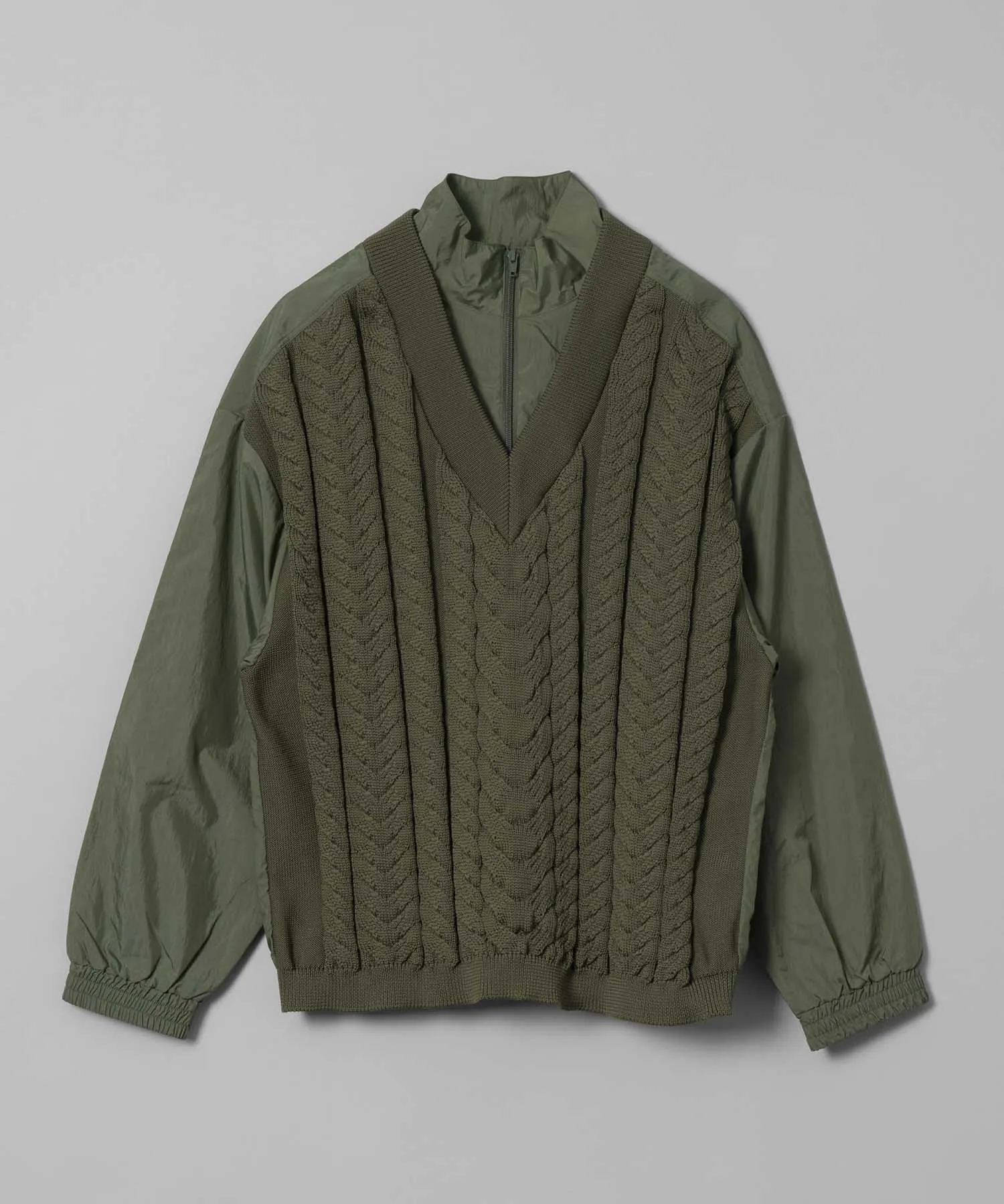 Cable Knit Combination Prime-Over Woven Shirt Half-Zip Pullover