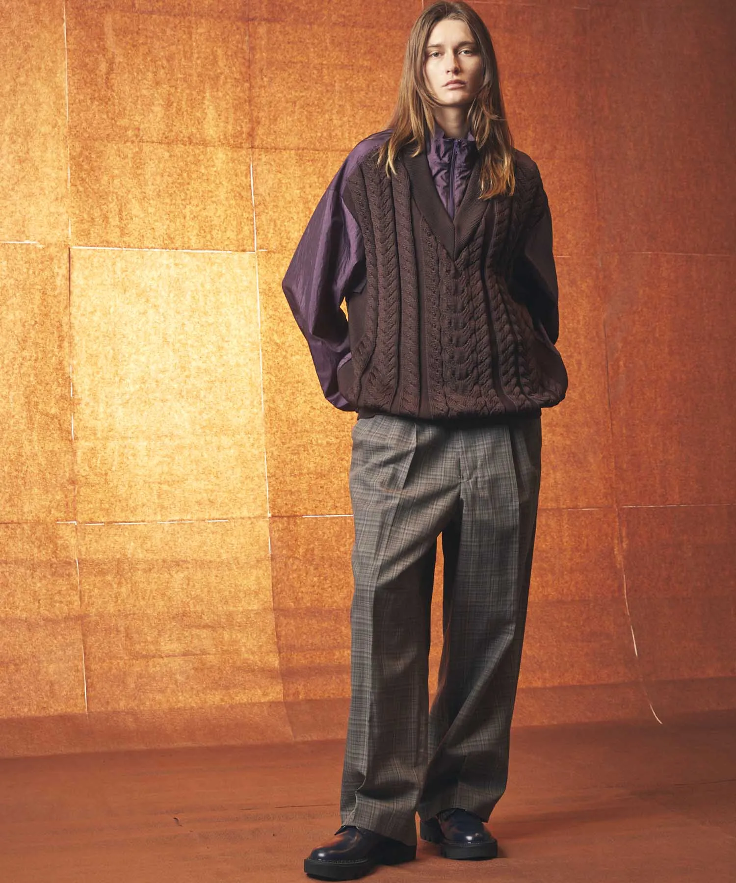 Cable Knit Combination Prime-Over Woven Shirt Half-Zip Pullover