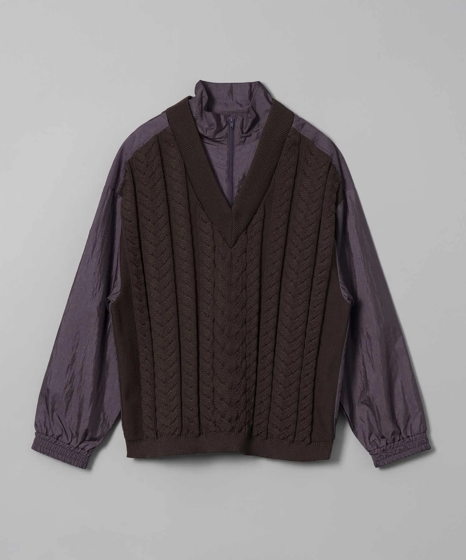 Cable Knit Combination Prime-Over Woven Shirt Half-Zip Pullover